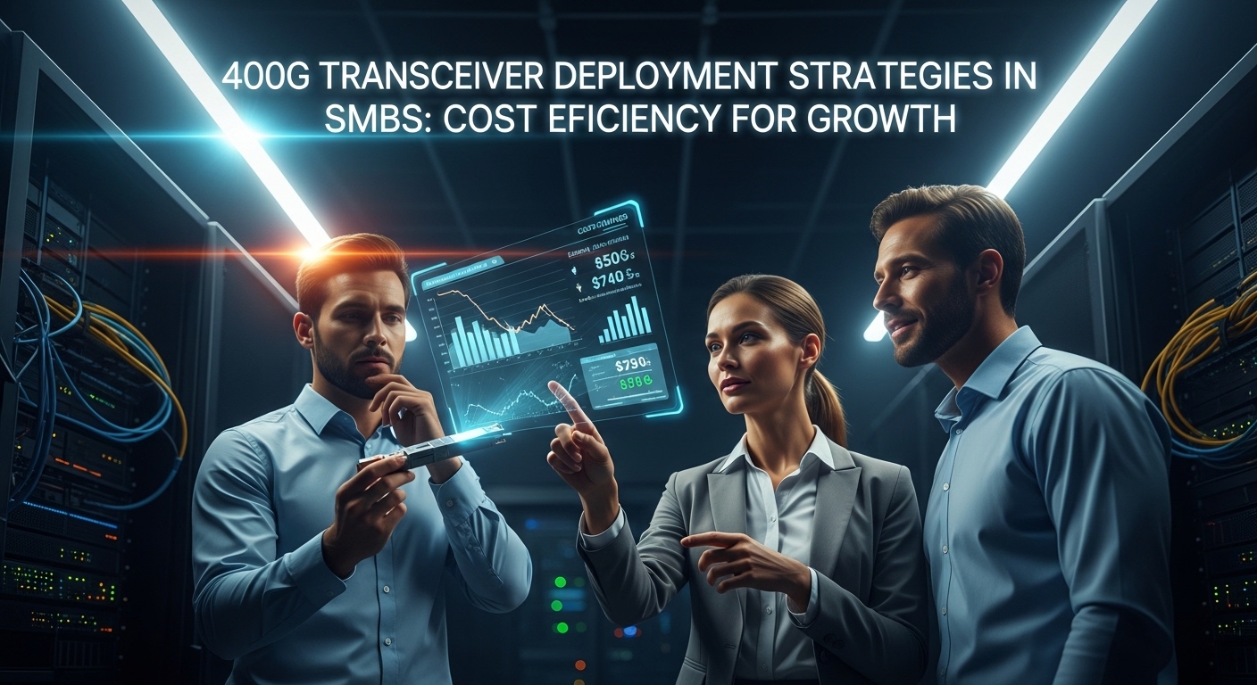 Cinematic editorial photograph of cost efficiency, 400G Transceiver Deployment Strategies in SMBs: Cost Efficiency for Growth
