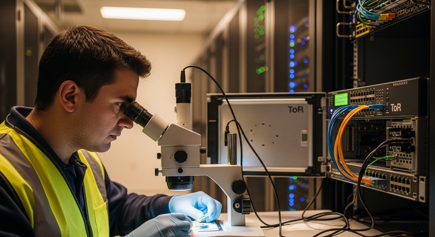Photorealistic lifestyle scene in a server room: an engineer in high-visibility vest using a fiber end-face inspection micros