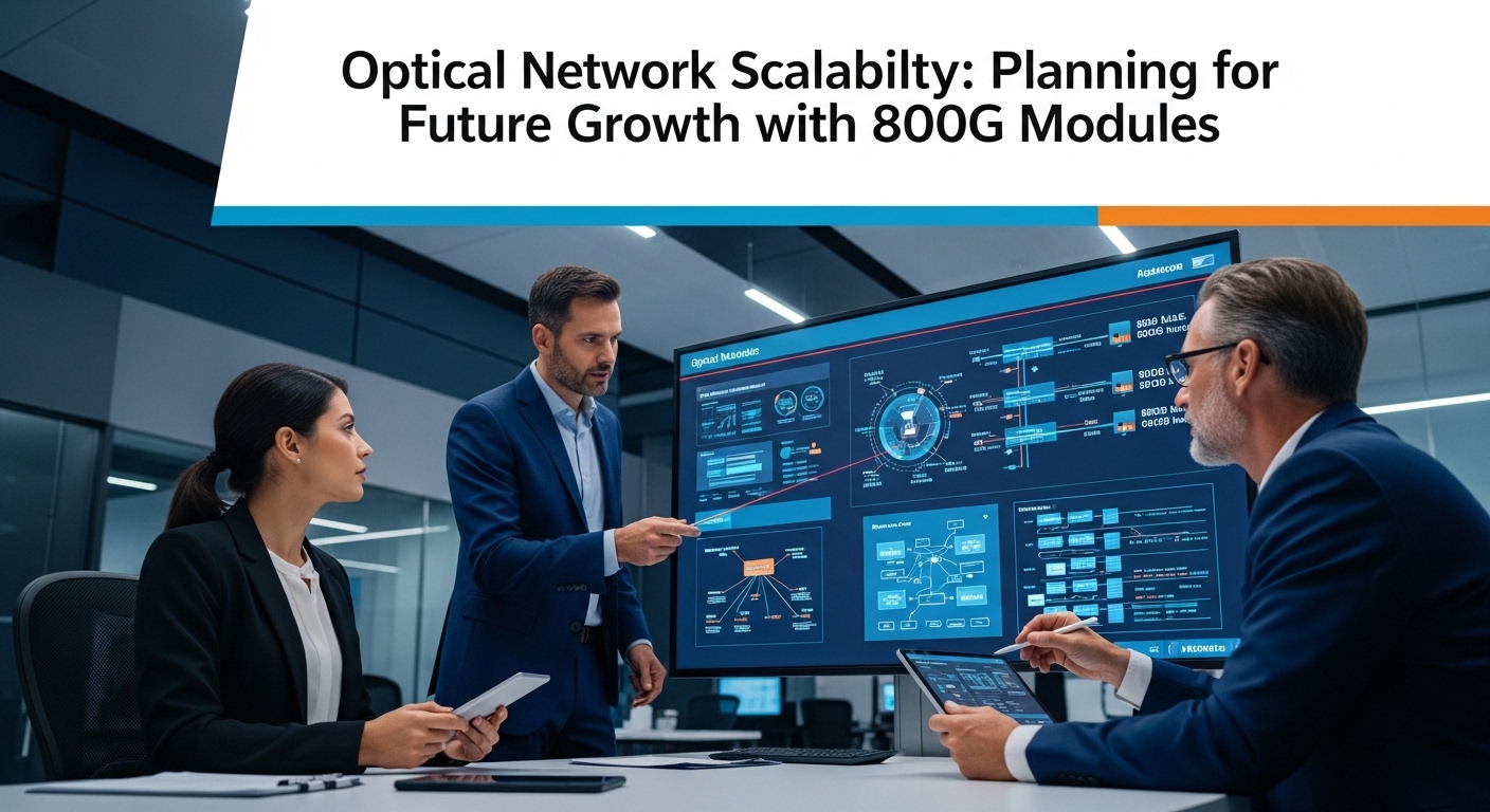 Cinematic editorial photograph of 800G planning, Optical Network Scalability: Planning for Future Growth with 800G Modules, d