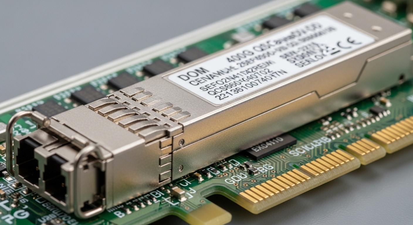 Close-up product photography of a 400G QSFP-DD transceiver inserted into a telecom switch line card, showing LC duplex ports 