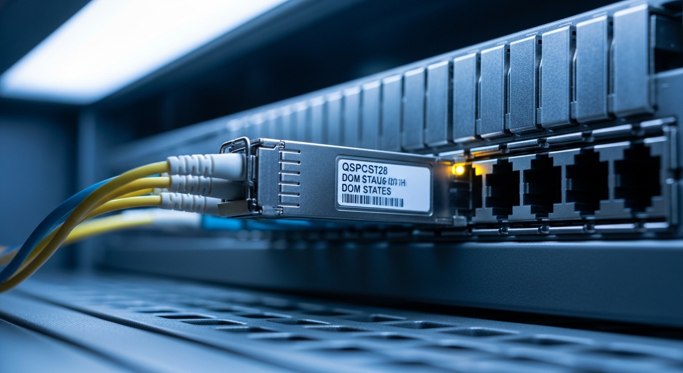 Close-up photography of a network rack transceiver cage, a QSFP28 module half-inserted at a slight angle, fiber patch cords a