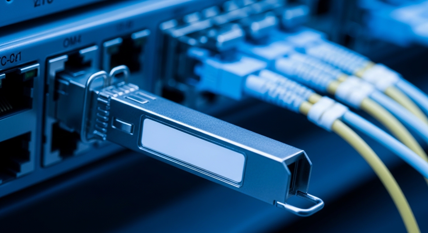 Photorealistic close-up of a QSFP56 transceiver inserted into a leaf-spine switch port, OM4 fiber patch cables visible in the