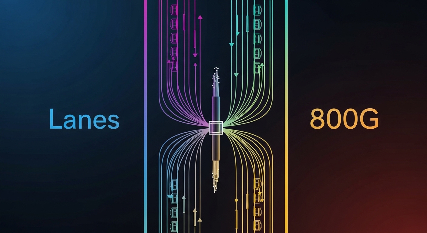 Illustrated concept art of a telecom network rack with two parallel lanes labeled 400G and 800G, showing port counts halving,