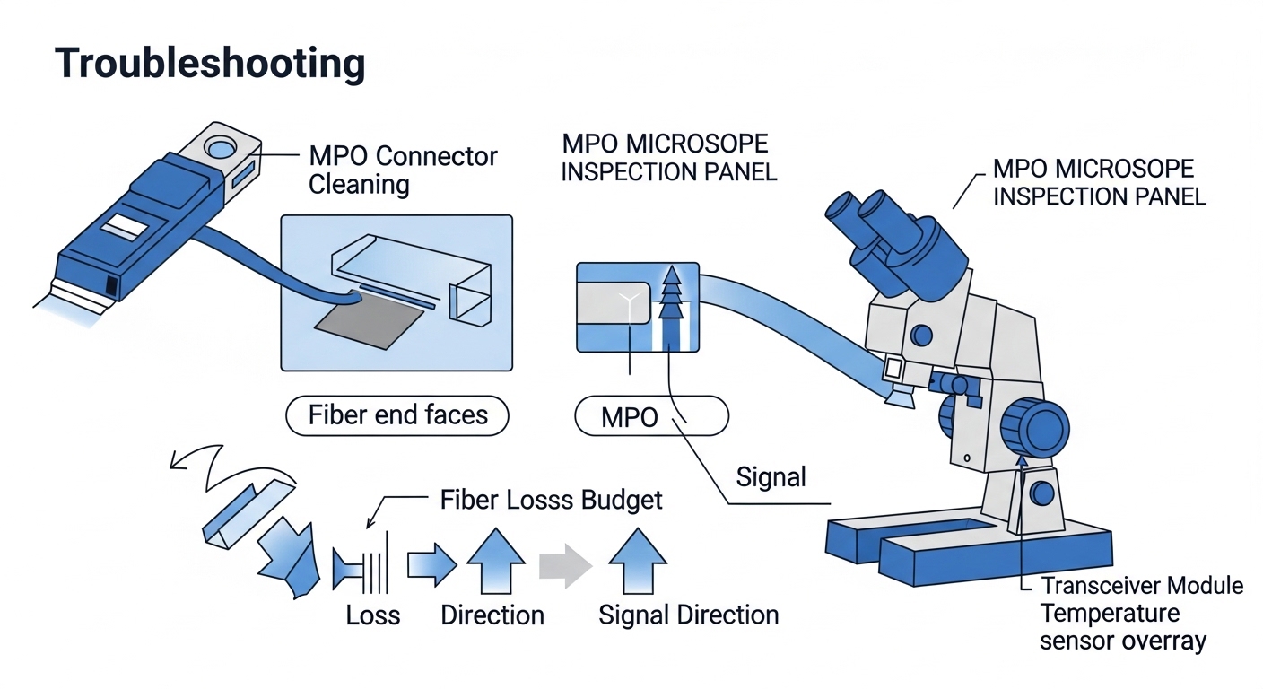 Illustrated troubleshooting diagram showing an MPO connector cleaning workflow, microscope inspection panel, fiber loss budge