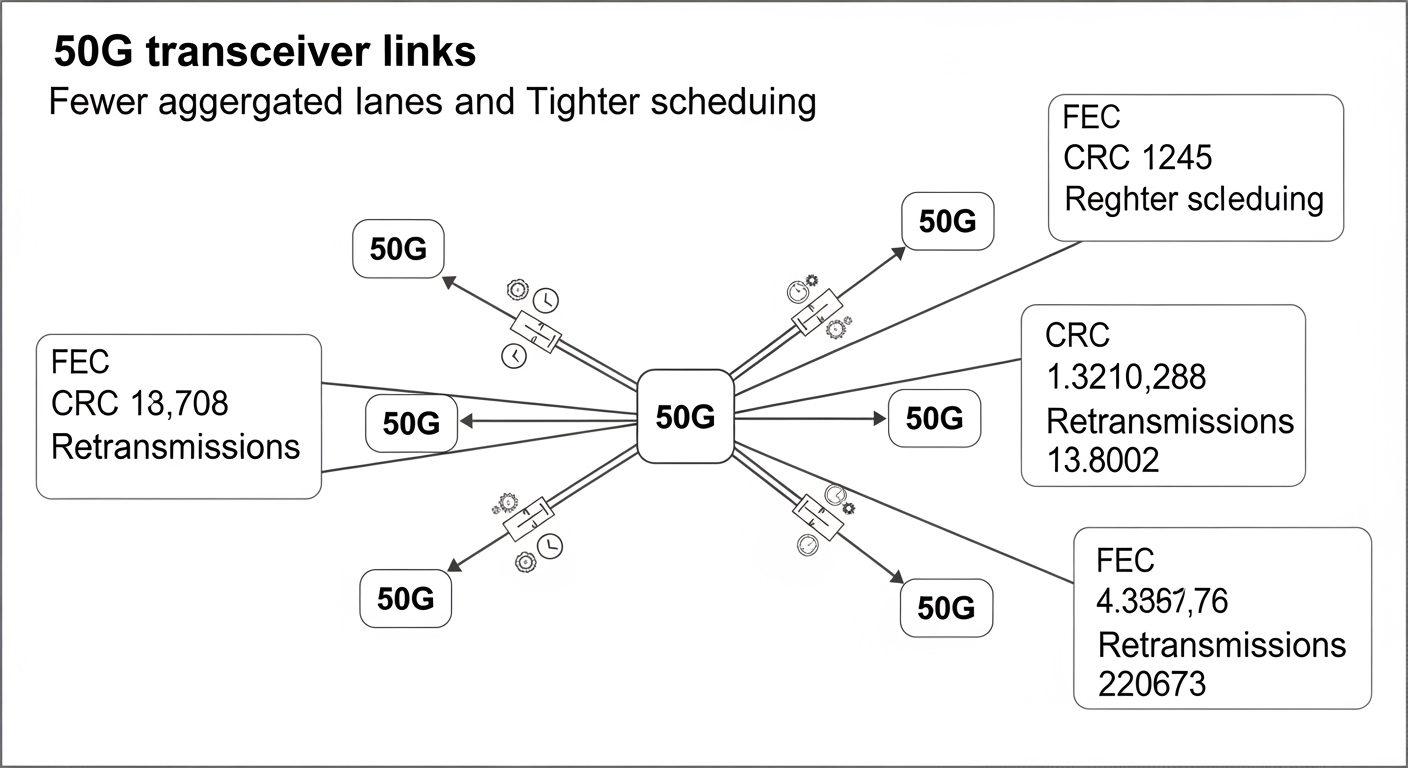 Clean vector illustration comparing two network diagrams side by side: left shows 50G transceiver links with fewer aggregated