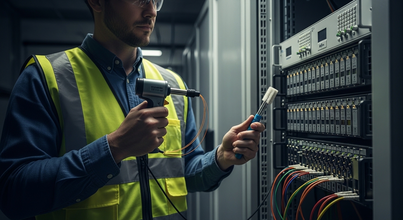 Lifestyle-style scene of a field engineer in a telecom equipment room holding a fiber inspection scope and cleaning kit next 