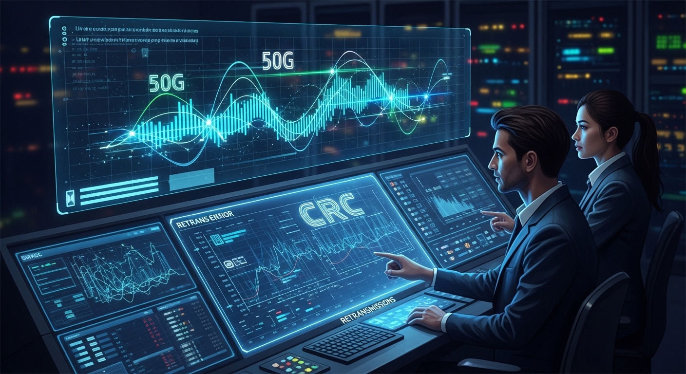 Concept art scene of a data center control room at night: engineers watch a dashboard with link error graphs labeled “CRC” an