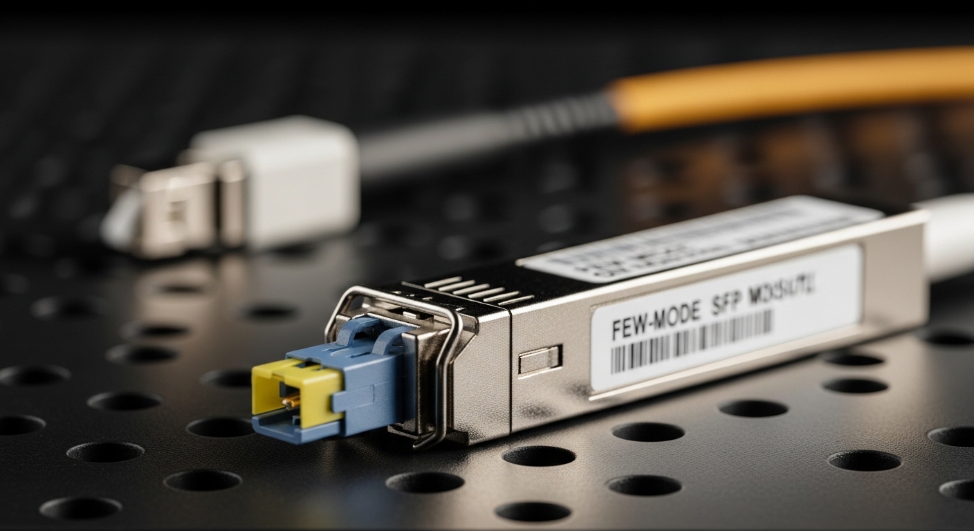 A photorealistic close-up of a few-mode fiber SFP module on an anti-static mat, label side facing camera, LC connector visibl