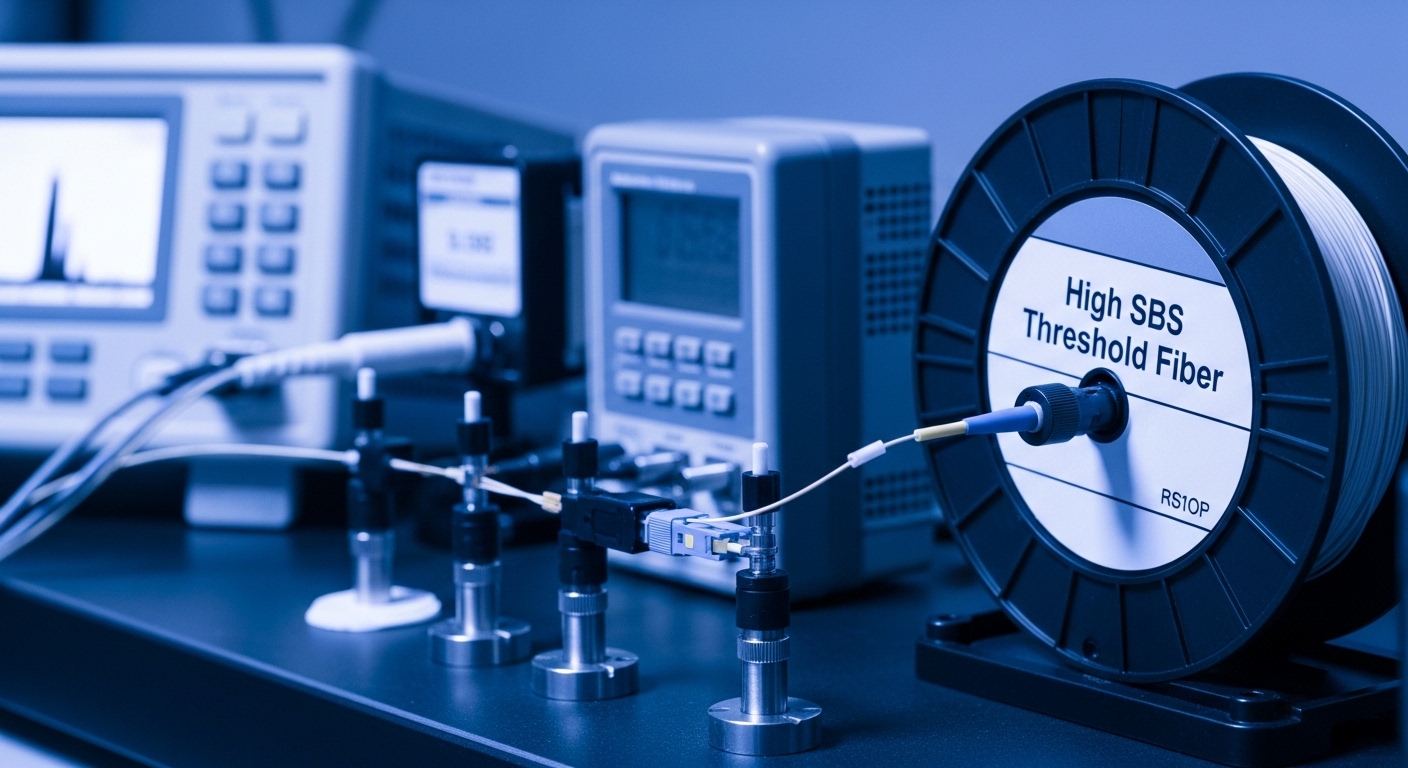 Close-up macro photography of a fiber optic cable assembly on an optical test bench, showing a spool labeled with “high SBS t