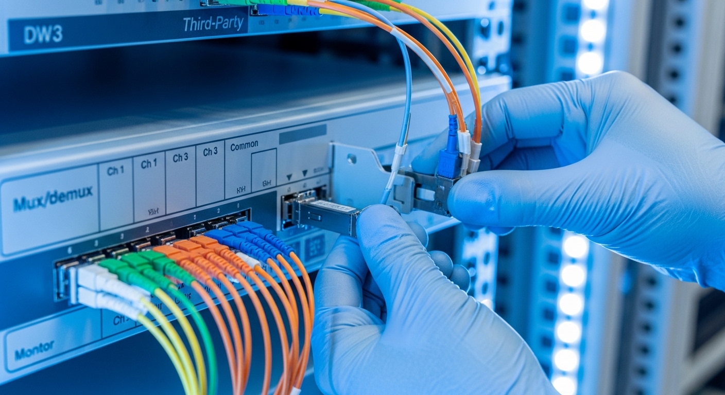 A hyper-realistic close-up photograph of a DWDM rack in a telecom equipment room, showing a third-party optical mux/demux uni