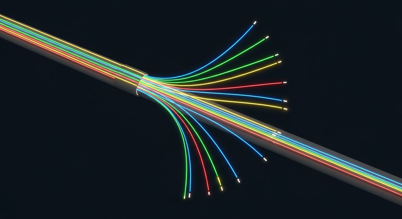 Concept art style diagram showing a few-mode fiber trunk between two switch racks, with colored mode paths splitting into mul