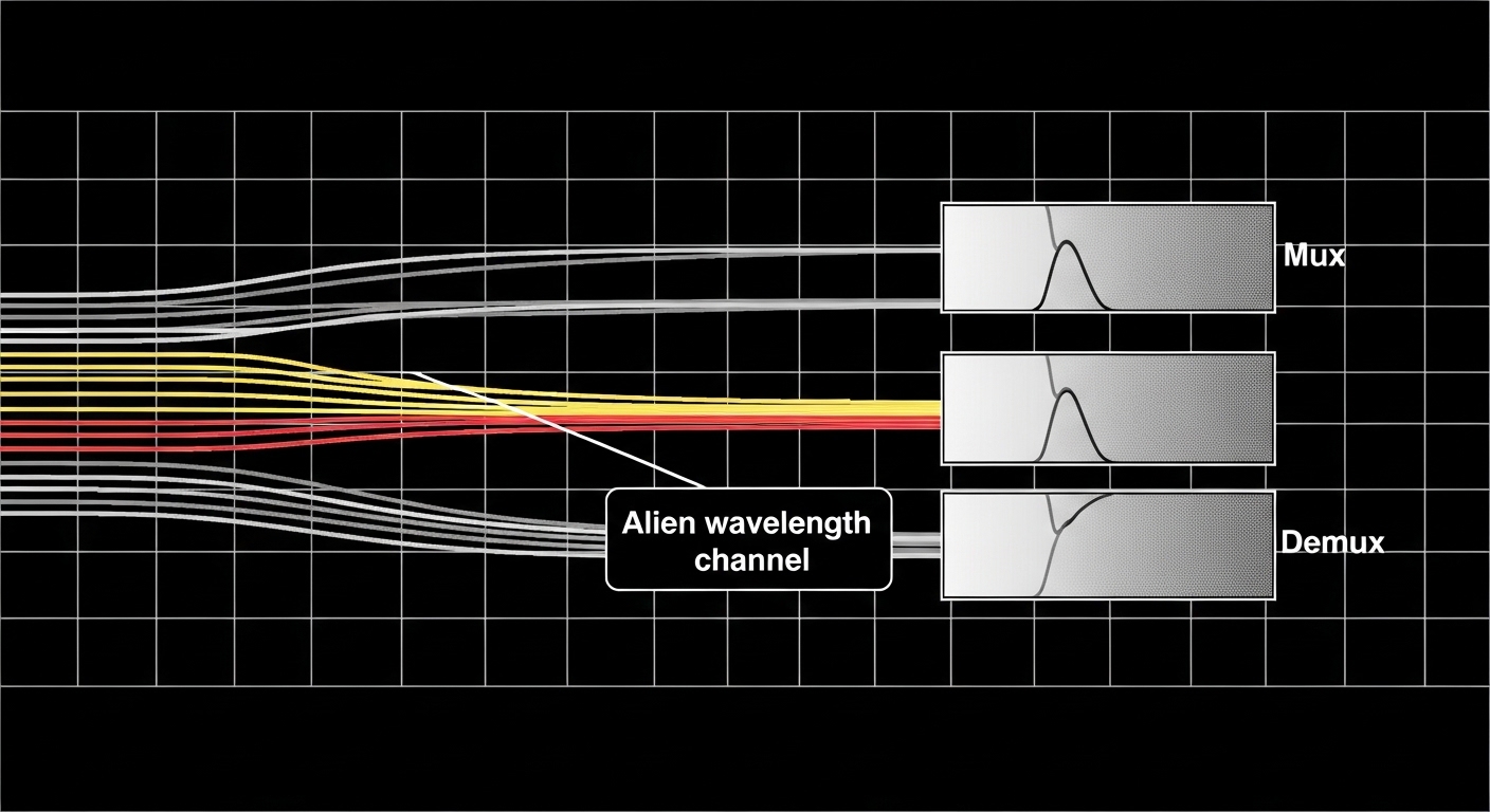 Clean technical illustration showing a wavelength grid overlay with multiple channels, a highlighted alien wavelength channel