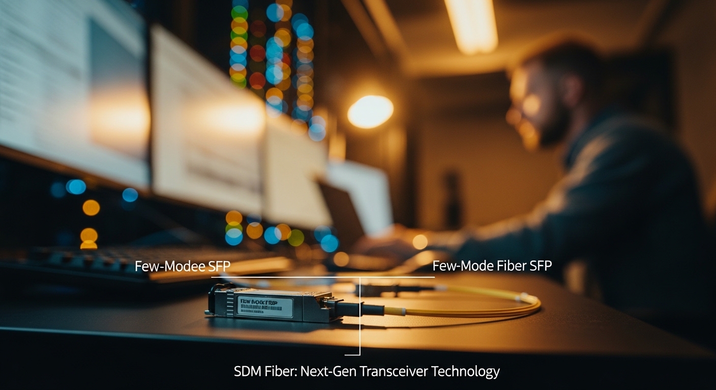 Lifestyle scene featuring few-mode fiber SFP, Spatial Division Multiplexing Fiber: Next-Gen Transceiver Technology, warm ambi