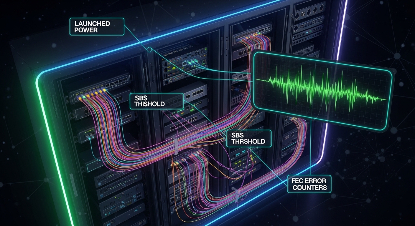 Concept art style diagram of a network rack with colored fiber paths, small callouts for “launched power,” “SBS threshold,” a