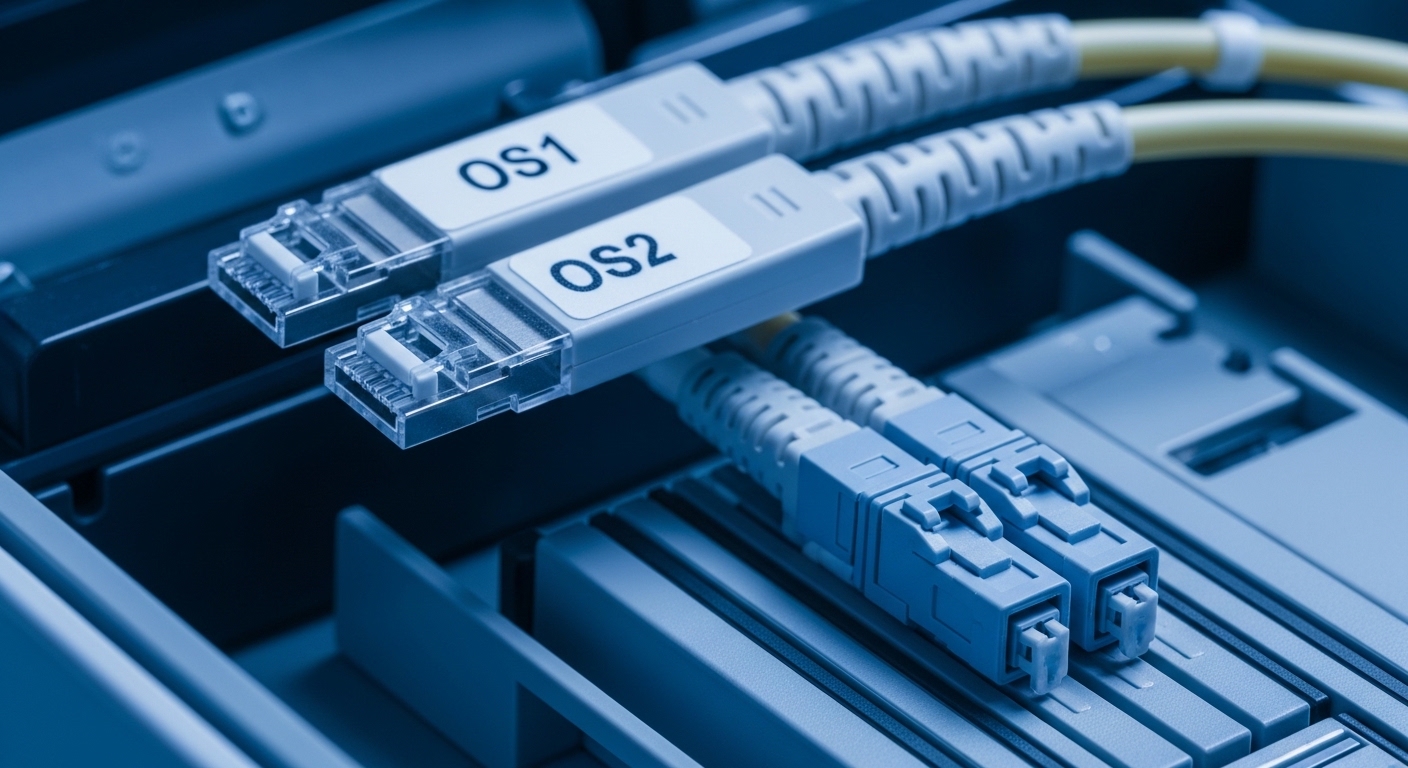 Close-up macro photography of a fiber optic splice tray showing two different labels on patch cords, one marked OS1 and one m