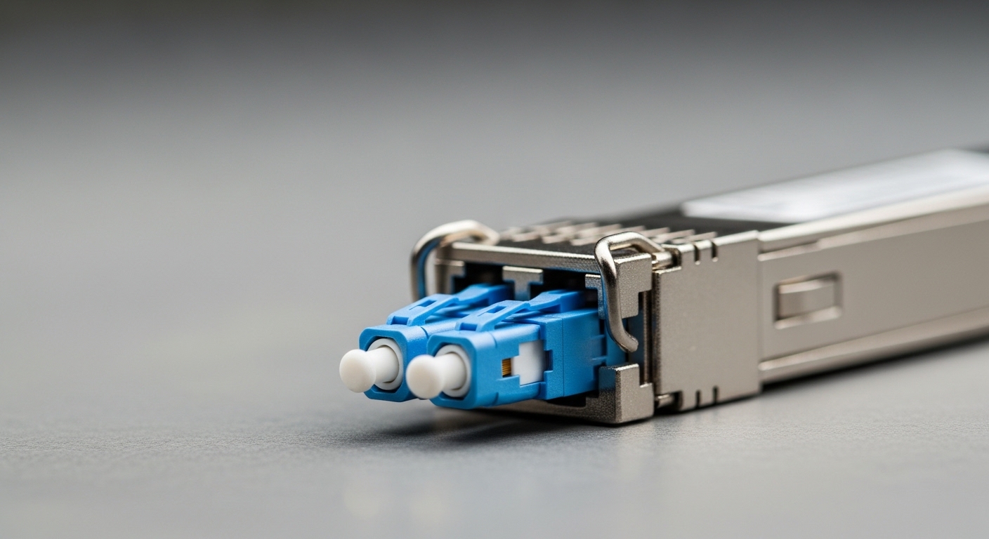 Ultra-realistic macro photography of an LC duplex fiber connector plugged into the front cage of a 10G SFP+ transceiver modul