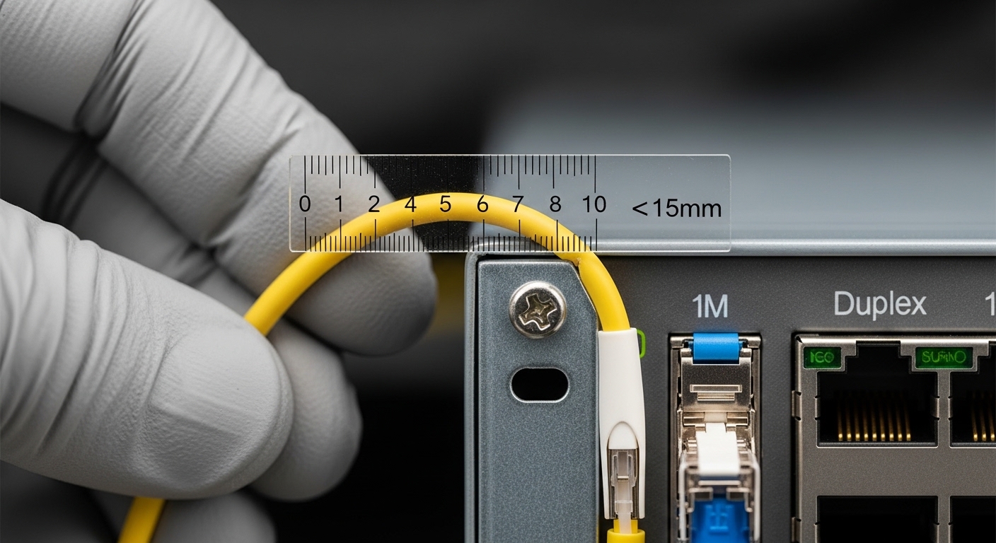 Close-up macro photography of a fiber patch cord exiting a 1U switch port cage, showing a visibly tight bend radius against t
