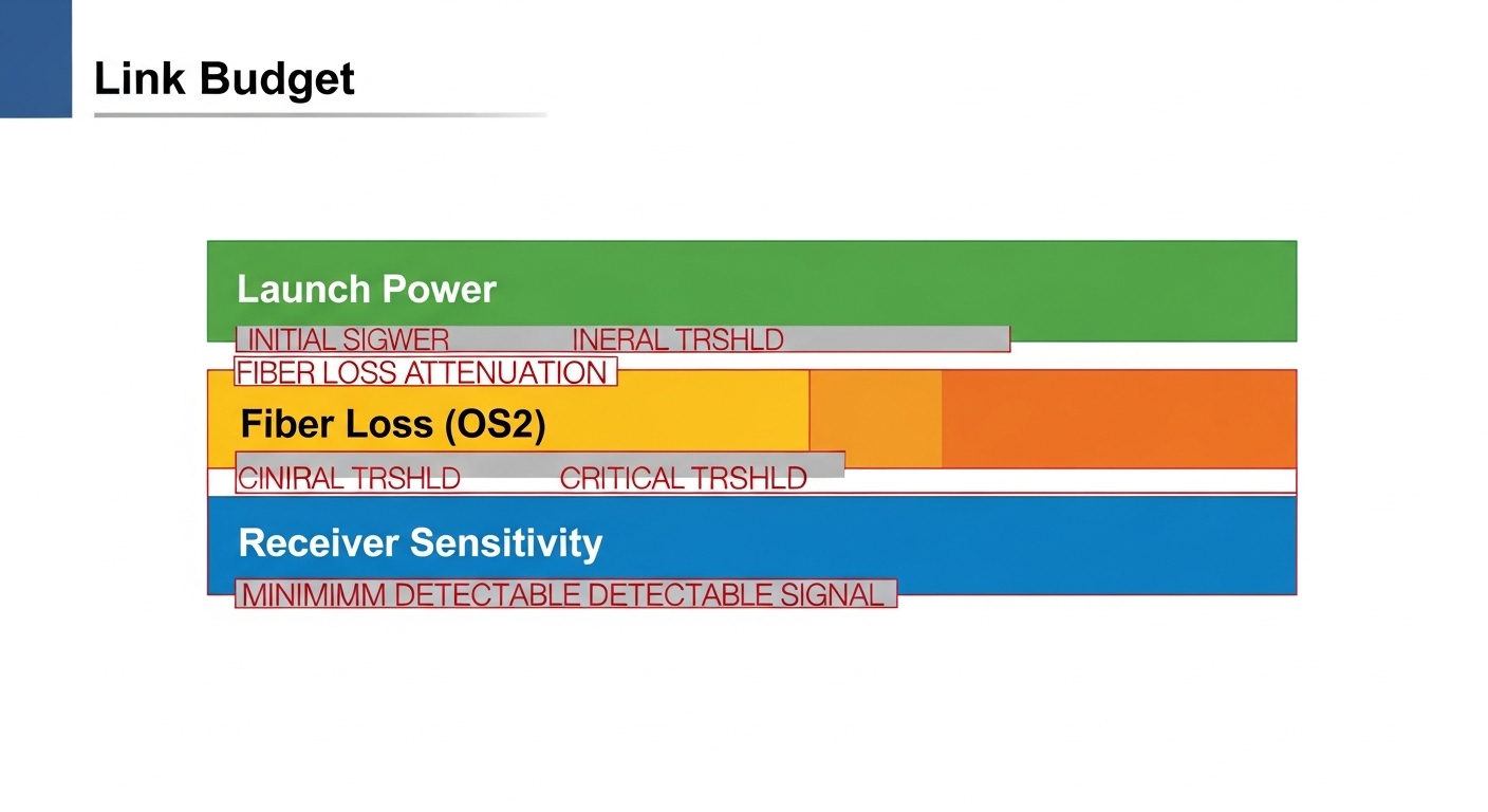Vector illustration concept art showing a “link budget” diagram with three stacked bars labeled Launch Power, Fiber Loss (OS1