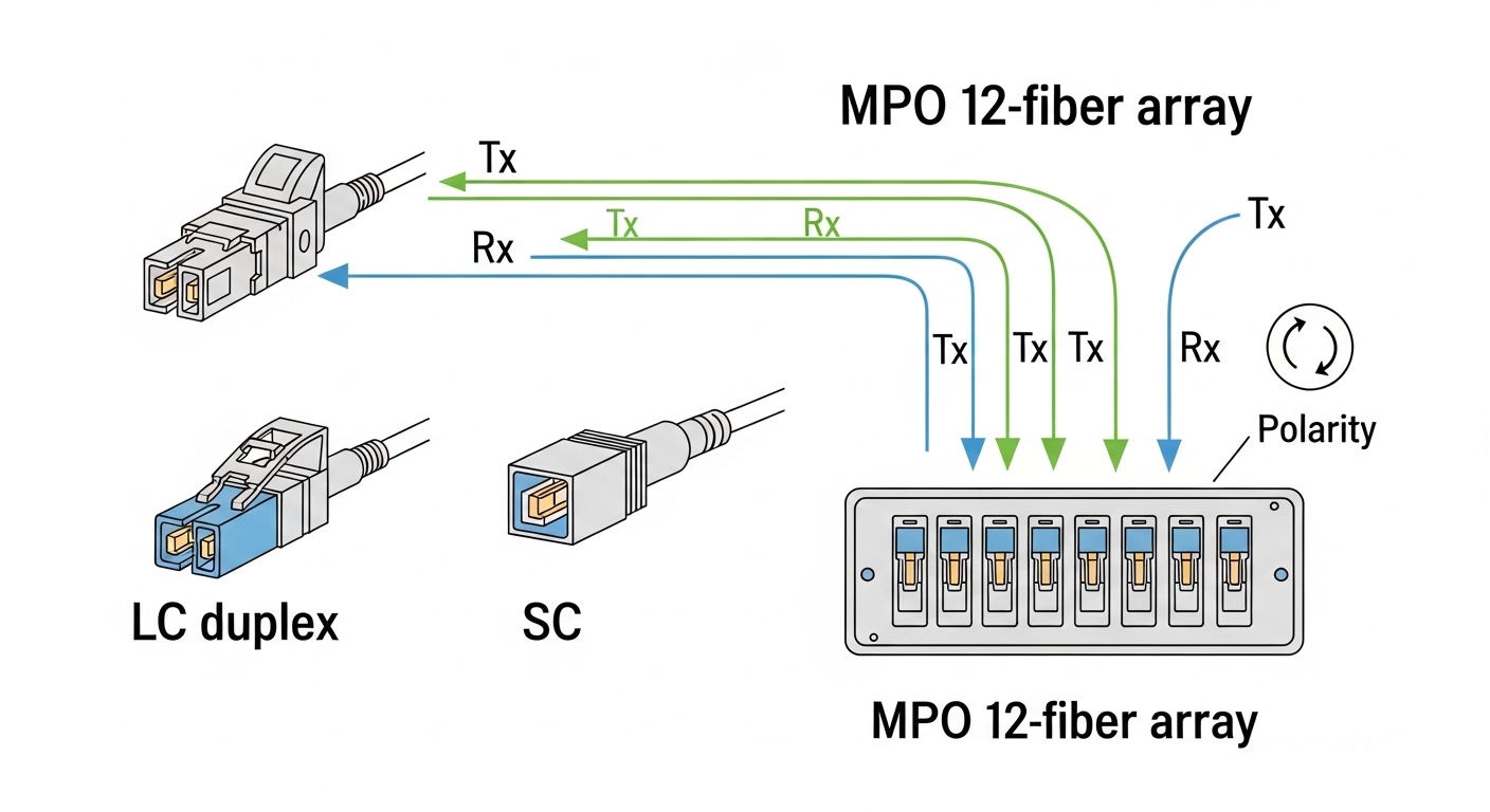 Clean technical illustration comparing LC duplex connectors versus SC connectors and an MPO 12-fiber array, with color-coded 