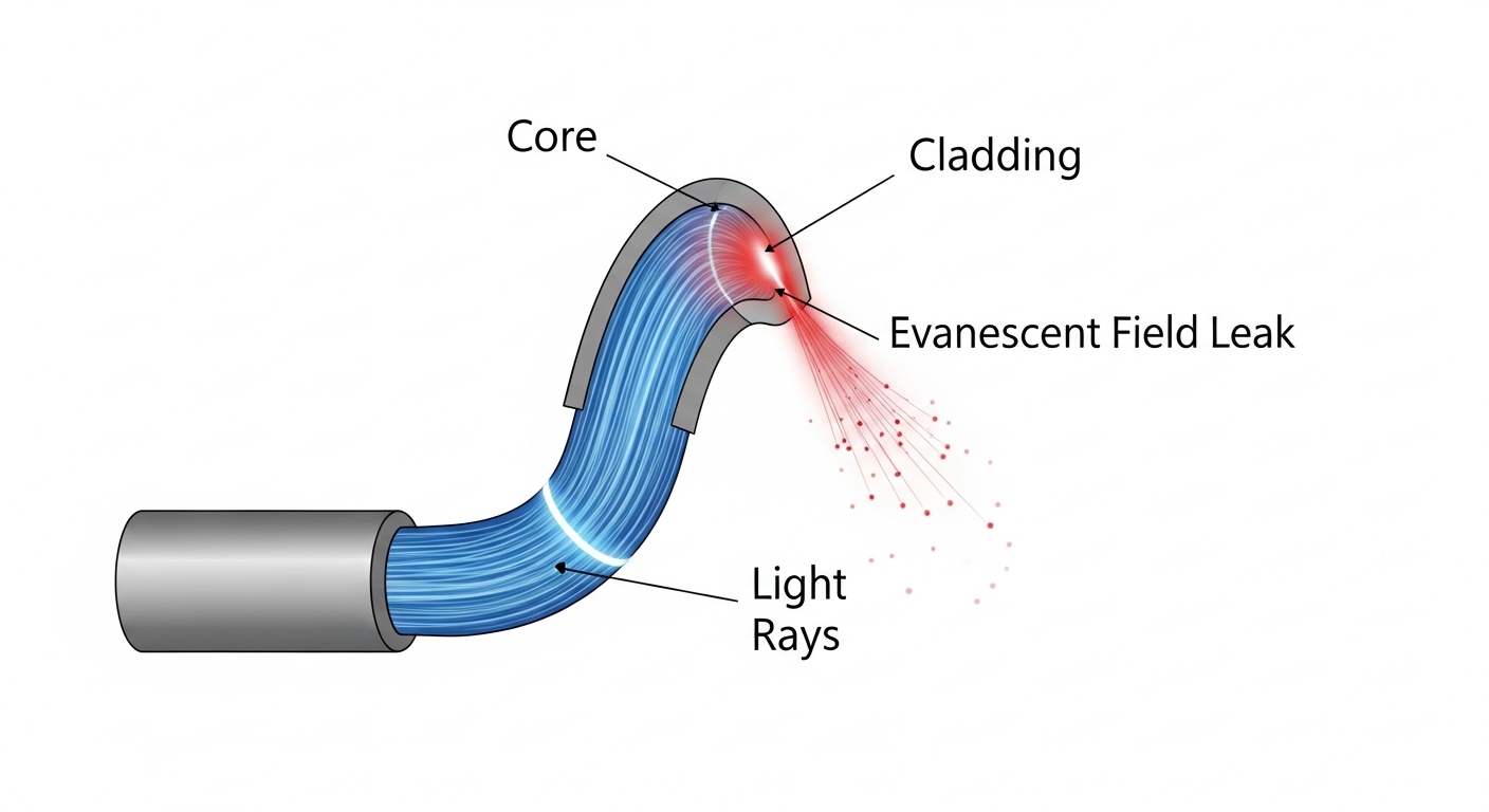 Technical illustration in clean vector style showing an optical fiber cross-section with light rays, an exaggerated tight ben