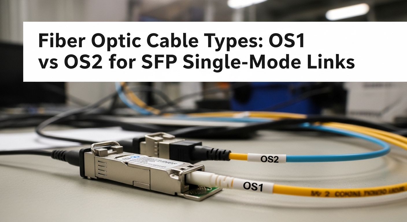 Documentary-style photo of single mode fiber SFP, Fiber Optic Cable Types: OS1 vs OS2 for SFP Single-Mode Links, natural ligh
