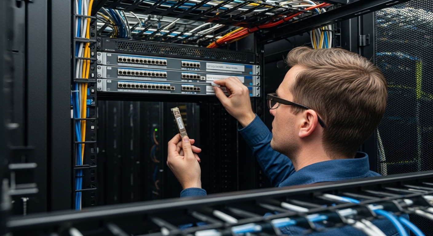 Lifestyle workshop scene showing a field engineer in a server room labeling an LC duplex patch panel while holding an LC conn