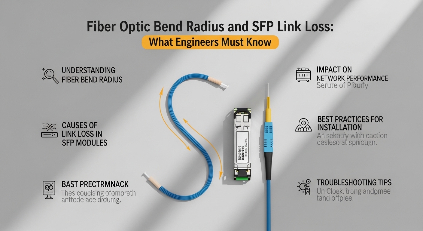Overhead flat-lay composition of fiber bend radius SFP, Fiber Optic Bend Radius and SFP Link Loss: What Engineers Must Know, 