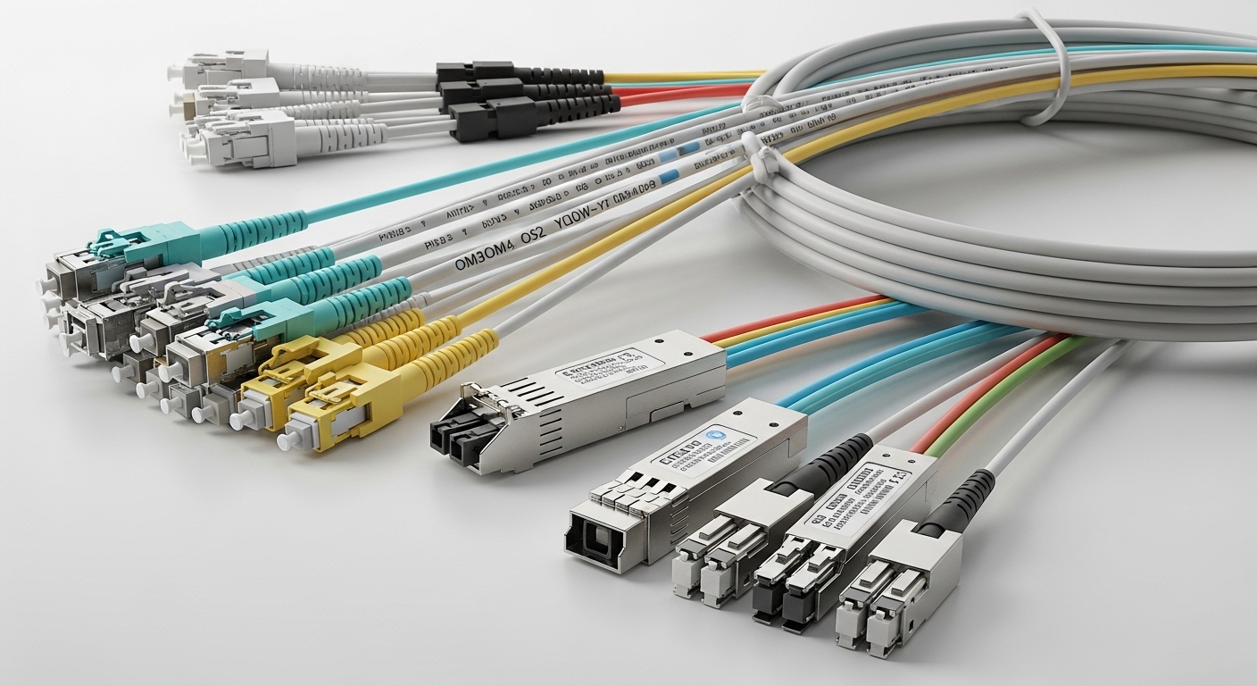 Professional product photography of trunk cable SFP, Pre-Terminated Fiber Assemblies for Data Center SFP Deployments, clean b