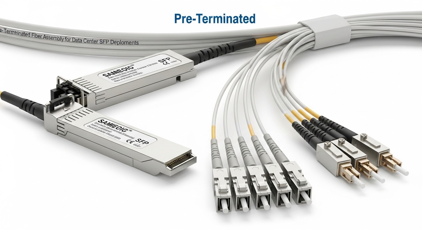 Professional product photography of trunk cable SFP, Pre-Terminated Fiber Assemblies for Data Center SFP Deployments, clean b