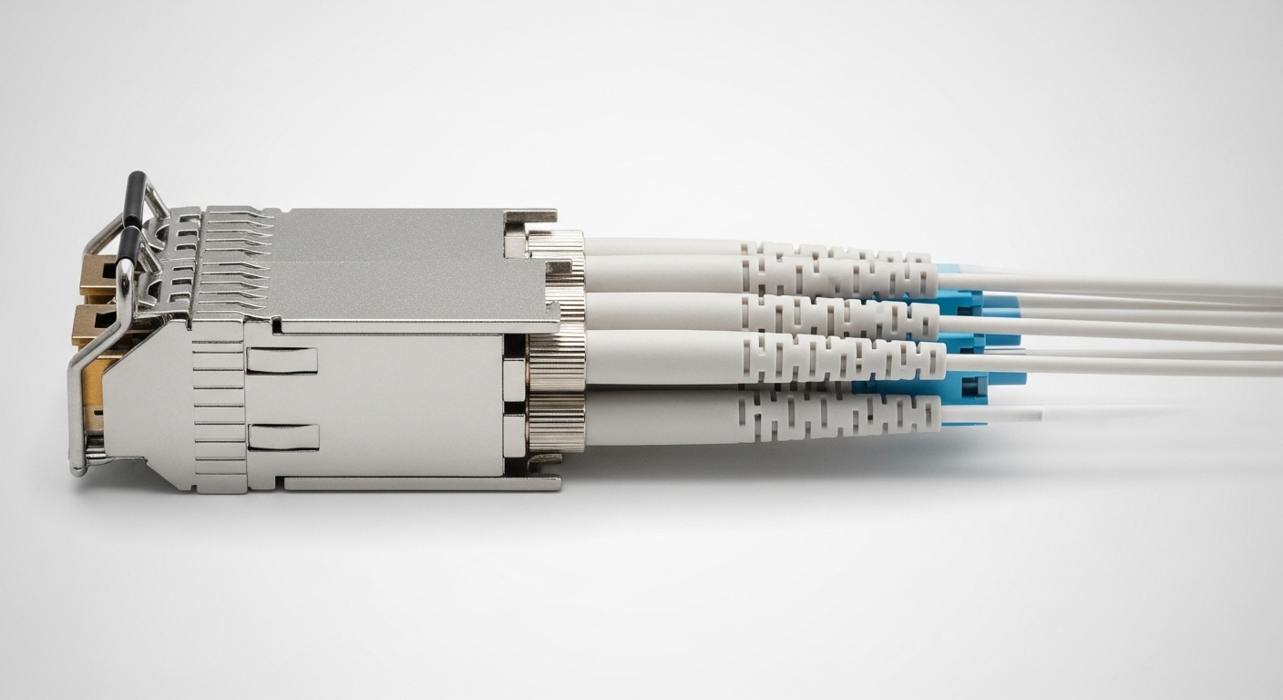 Professional product photography of trunk cable SFP, Pre-Terminated Fiber Assemblies for Data Center SFP Deployments, clean b