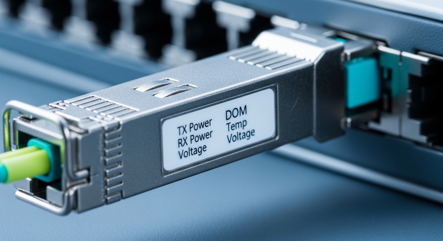 Macro photography of a pluggable optical transceiver (SFP+ or SFP28) inserted into a fiber switch port, with DOM labels and f