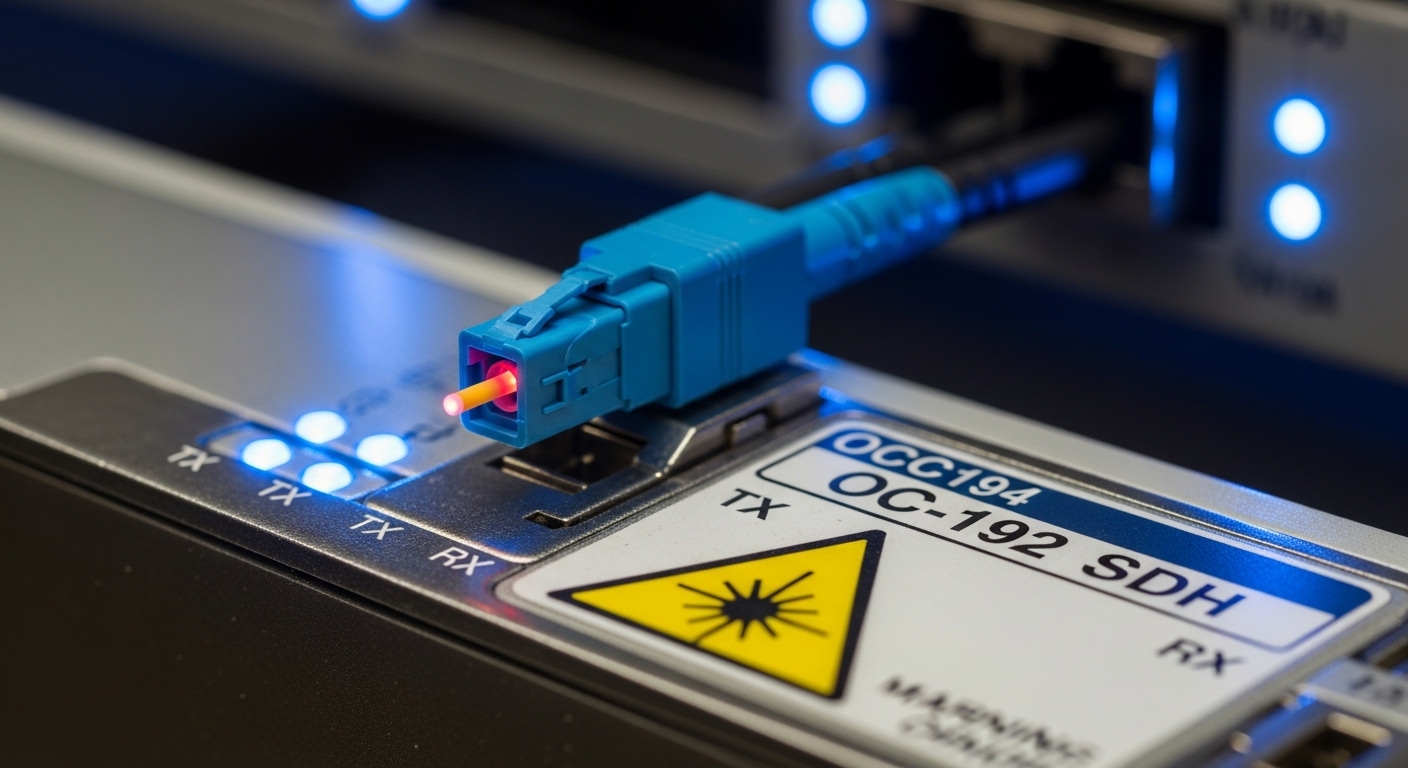 Close-up macro photography of an LC fiber connector plugged into a legacy telecom line card front panel, showing an OC-192 SD
