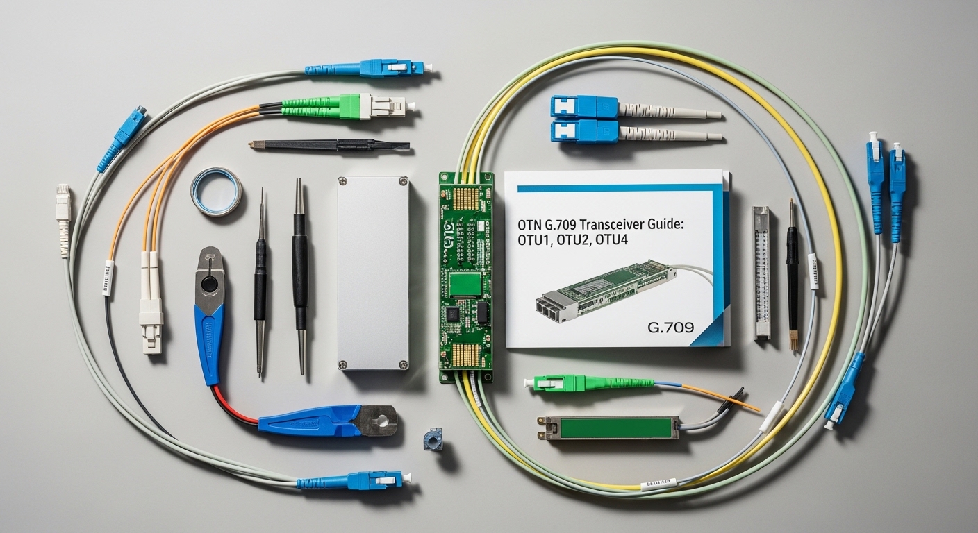 Overhead flat-lay composition of G.709 fiber module, OTN G.709 Transceiver Guide: OTU1, OTU2, OTU4, styled layout, soft diffu