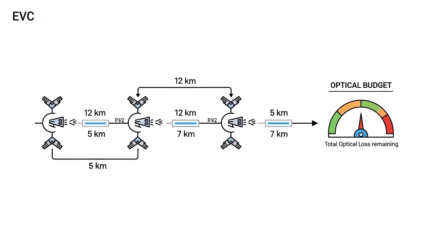 Clean line-art illustration of an EVC service path over a metro network, showing an optical transceiver symbol at each hop, l