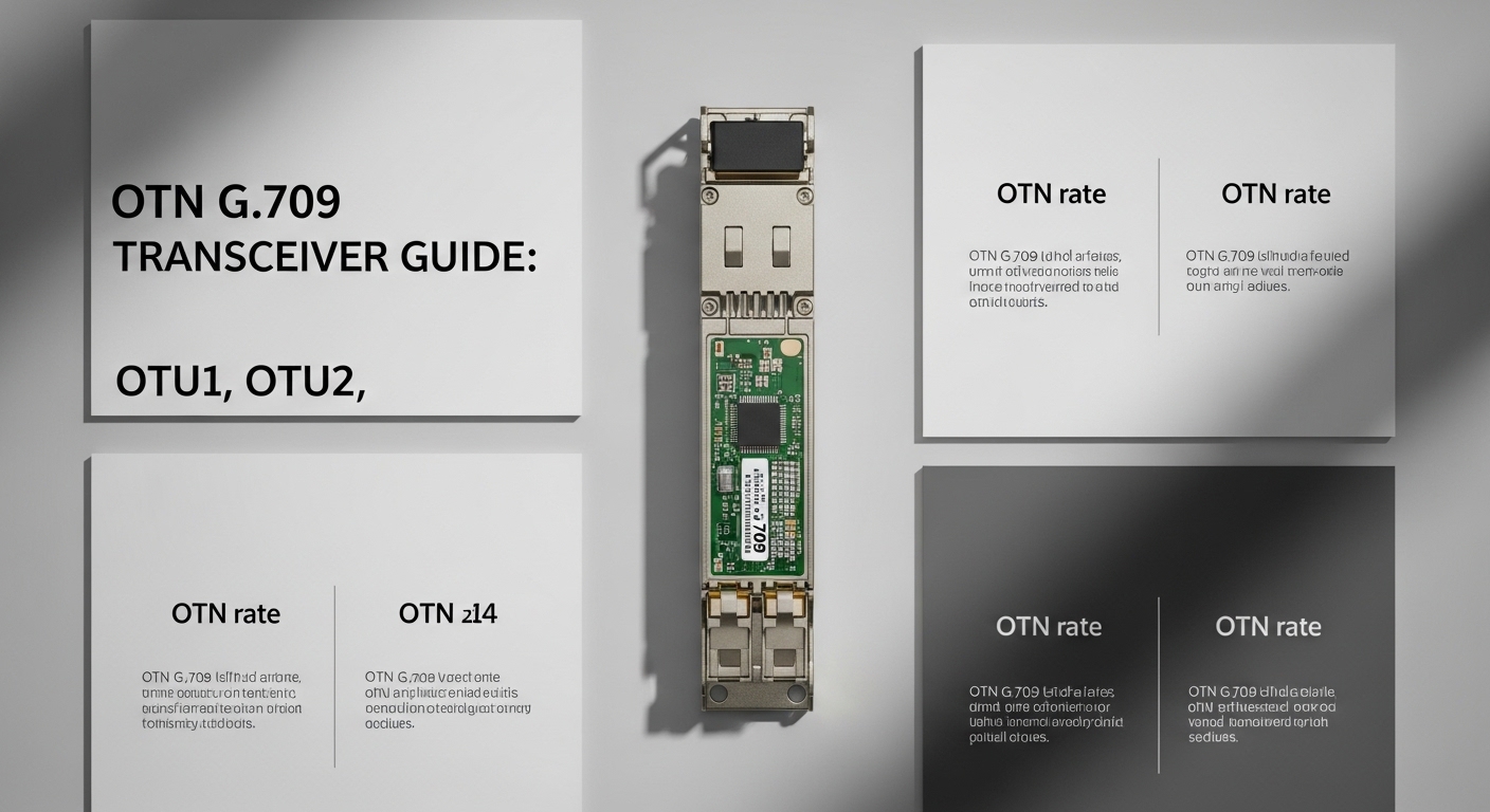 Overhead flat-lay composition of G.709 fiber module, OTN G.709 Transceiver Guide: OTU1, OTU2, OTU4, styled layout, soft diffu