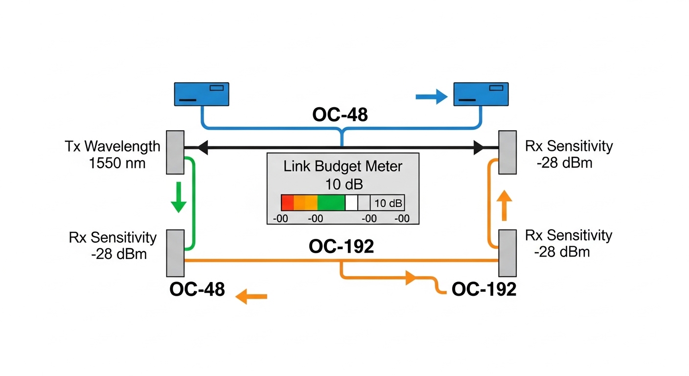 Clean vector illustration showing a simplified SDH link diagram with OC-48 and OC-192 branches, arrows indicating Tx waveleng