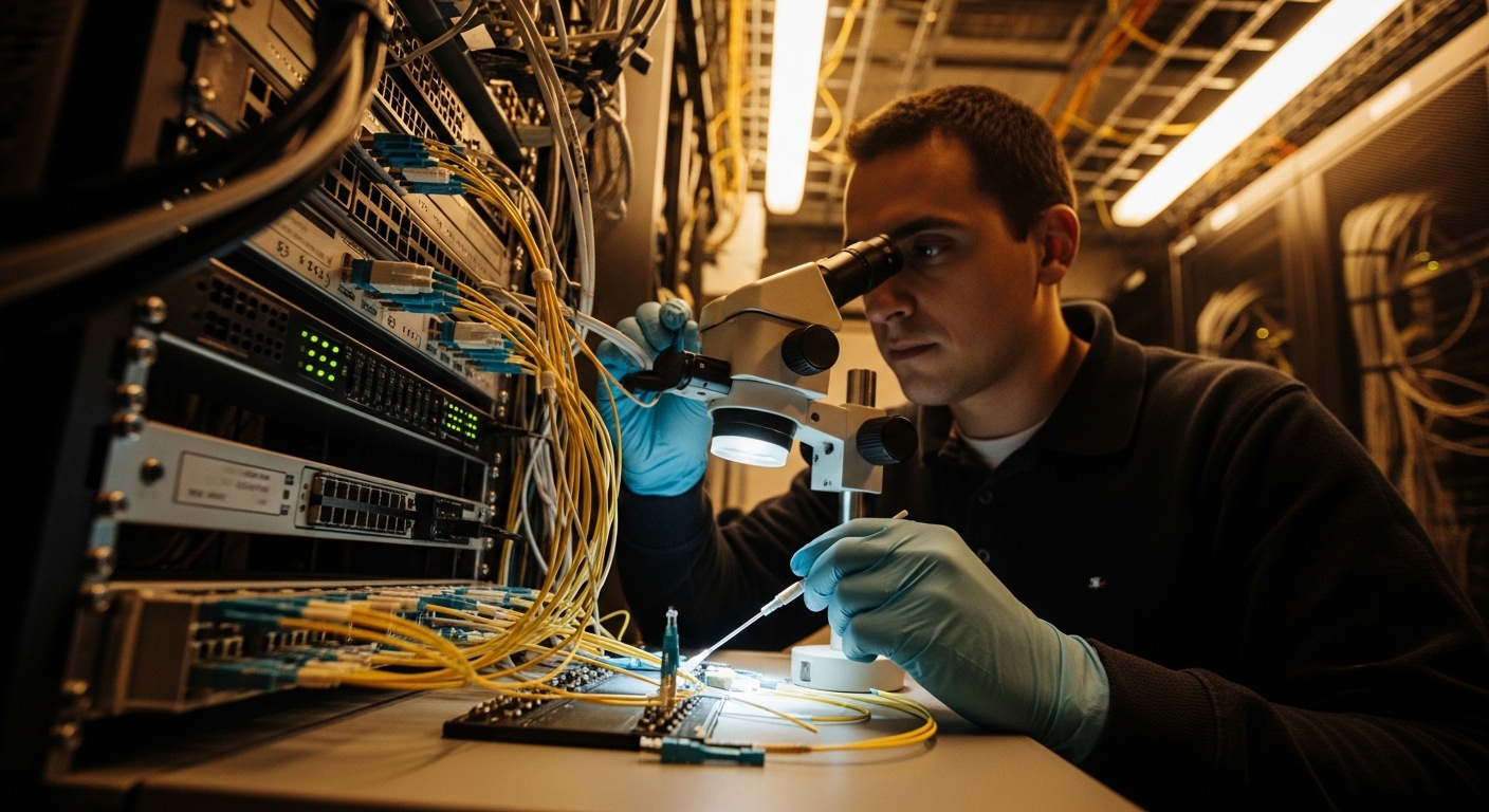 Photo-realistic lifestyle scene inside a telecom equipment room, engineer wearing ESD-safe gloves inspecting fiber connectors