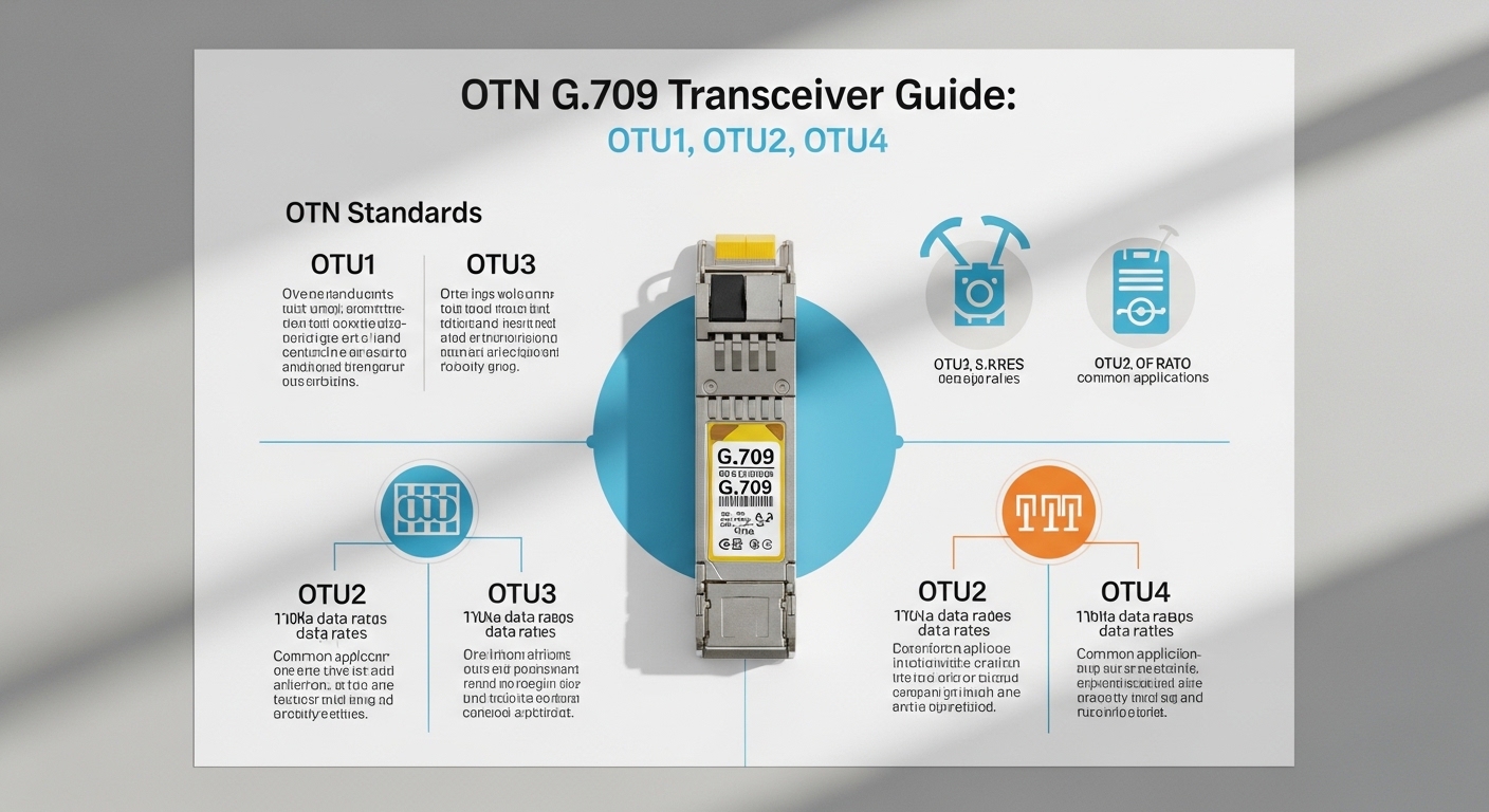 Overhead flat-lay composition of G.709 fiber module, OTN G.709 Transceiver Guide: OTU1, OTU2, OTU4, styled layout, soft diffu