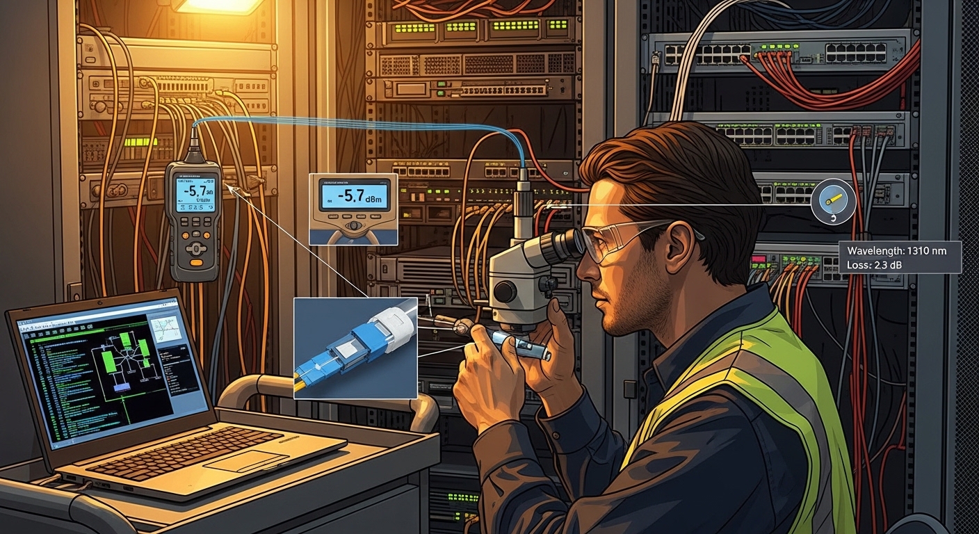 Illustrated troubleshooting scene in a datacenter aisle: a technician in high-visibility vest using an optical fiber inspecti