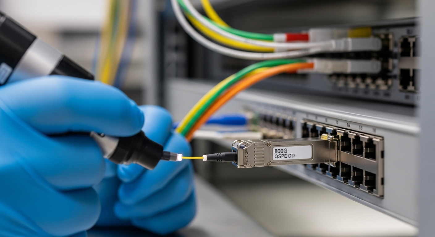 A photorealistic close-up of an 800G QSFP-DD optical transceiver inserted into a high-density switch port, showing a technici