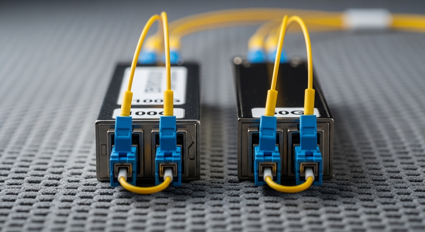 Macro photography of two fiber optic transceivers side-by-side on an anti-static mat, one labeled 50G and one labeled 100G, w