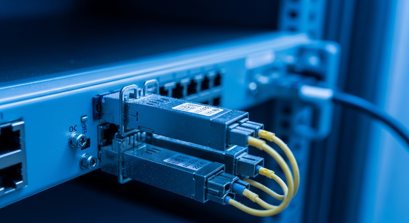 Photorealistic close-up of a telecom rack in a field cabinet, showing two pluggable 25G SFP28 transceivers with LC fiber conn