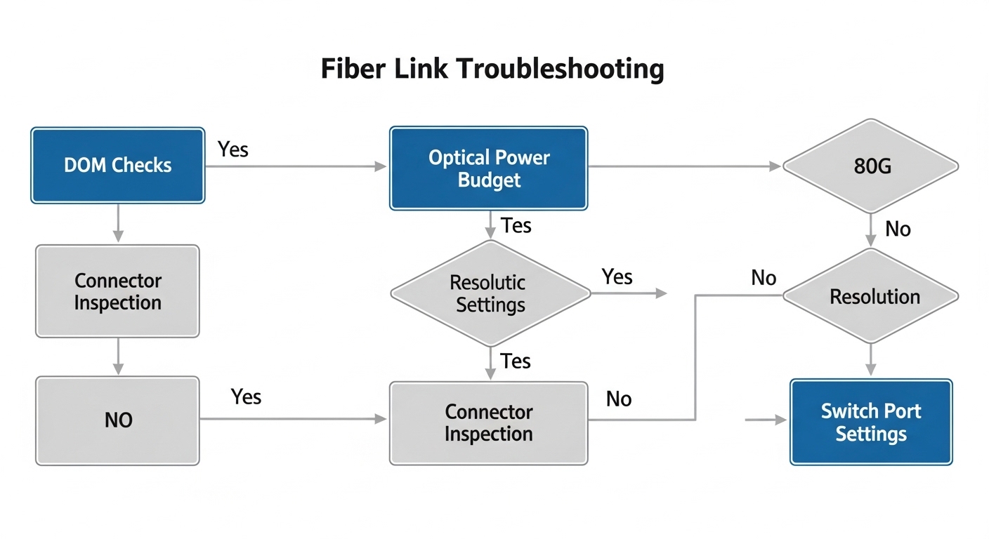 An engineering illustration of a fiber link troubleshooting flowchart for 800G, with labeled blocks for DOM checks, optical p