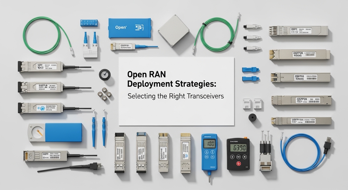 Overhead flat-lay composition of optical networking, Open RAN Deployment Strategies: Selecting the Right Transceivers, styled