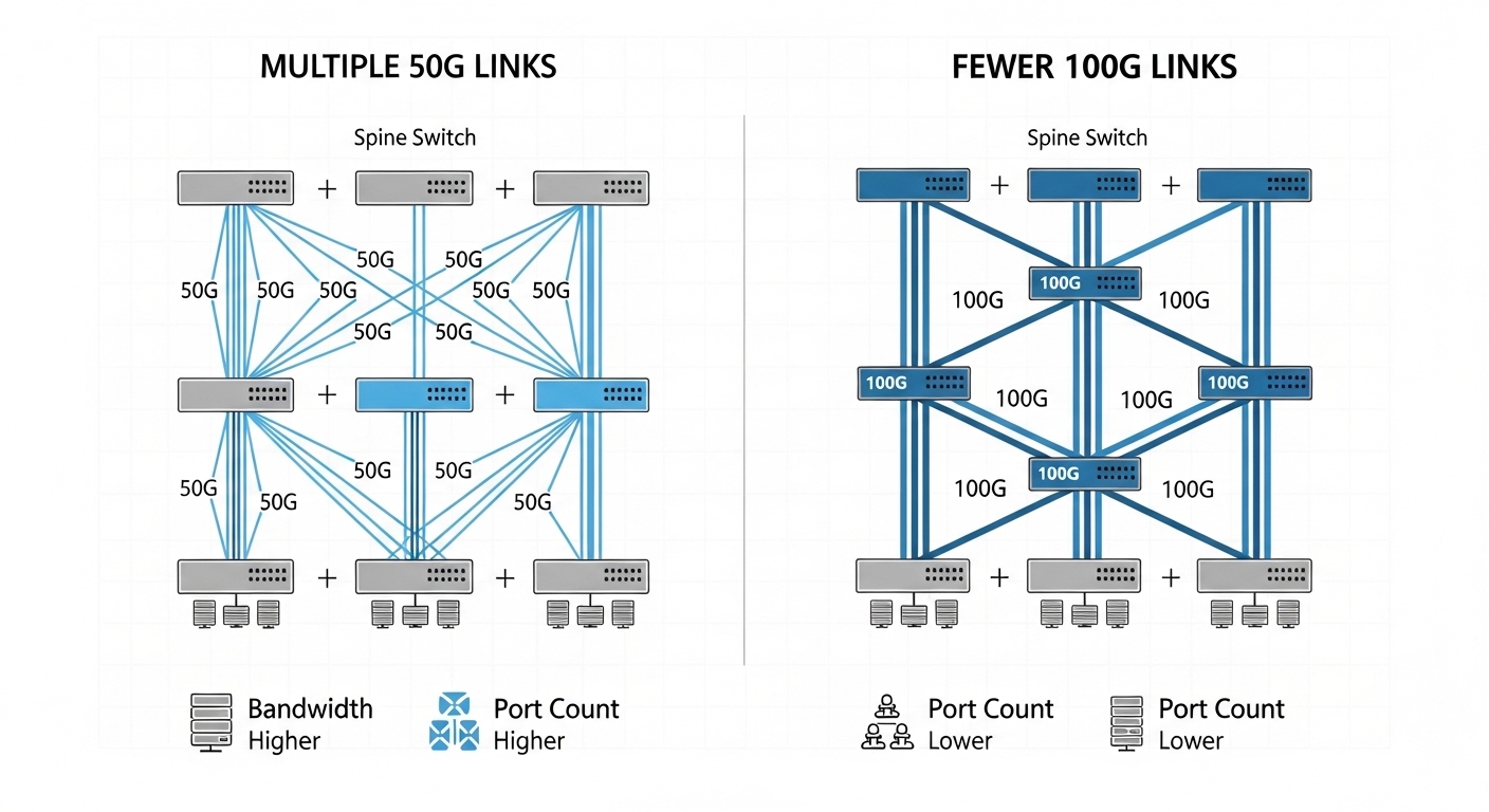 Clean vector illustration of a leaf-spine network diagram, showing two scenarios side-by-side: multiple 50G links from leaves