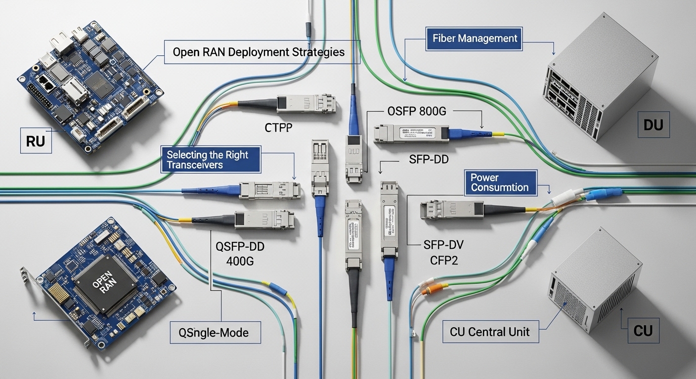 Overhead flat-lay composition of optical networking, Open RAN Deployment Strategies: Selecting the Right Transceivers, styled