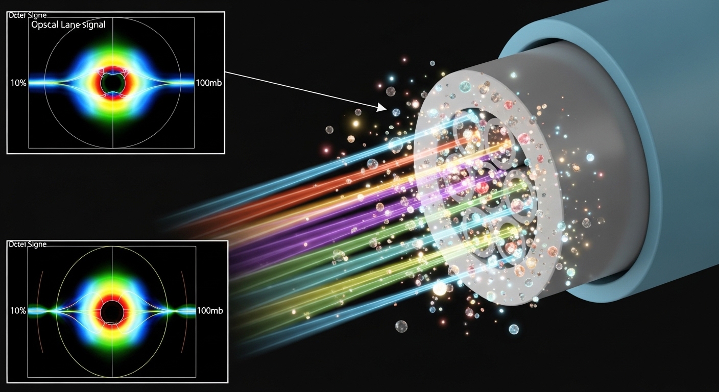 Concept art style render of a multi-lane optical signal passing through a dirty fiber connector, with glowing particles repre