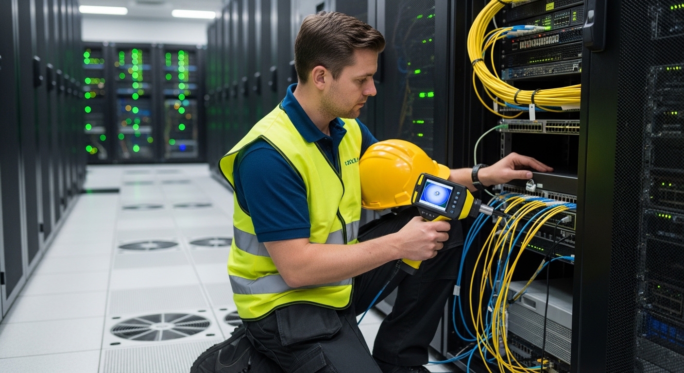 Photorealistic lifestyle scene inside a server room, a technician kneeling by a top-of-rack switch, holding a fiber cleaning 