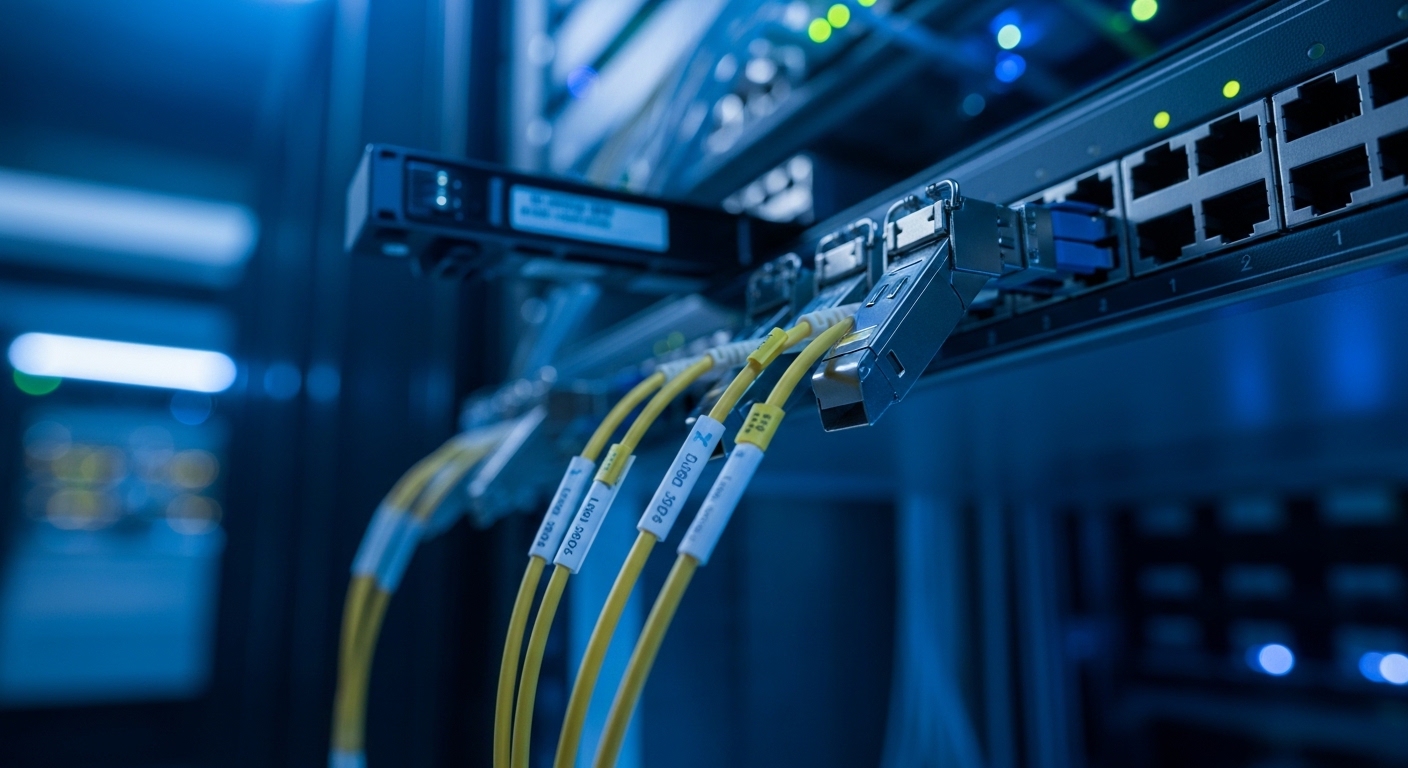 A realistic datacenter scene at night, showing a rack with an open top-of-rack switch, several hot-swappable SFP+ transceiver