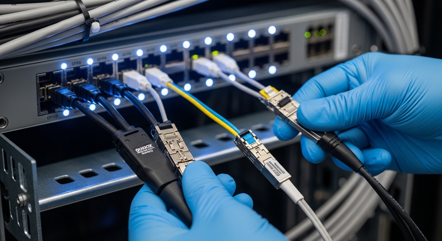 A close-up photography scene inside a datacenter cable tray: a technician in blue gloves comparing a 400G twinax DAC cable wi